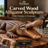 Intricately carved wooden alligator sculpture with its mouth wide open, resting on a live-edge wooden coffee table in a modern interior setting. Stacked books titled "Natural Living," "Wood Art," and "Home Decor" sit on the left. Text overlays read "Woodzaa," "Carved Wood Alligator Sculpture — Wild, Detailed & Dramatic," and "7 Reasons This Reptilian Masterpiece Commands Attention." Includes website URL "[www.woodzaa.com](https://www.google.com/search?q=https%3A%2F%2Fwww.woodzaa.com)" and bottom text "Wood Art | Home Decor | Timeless Design."