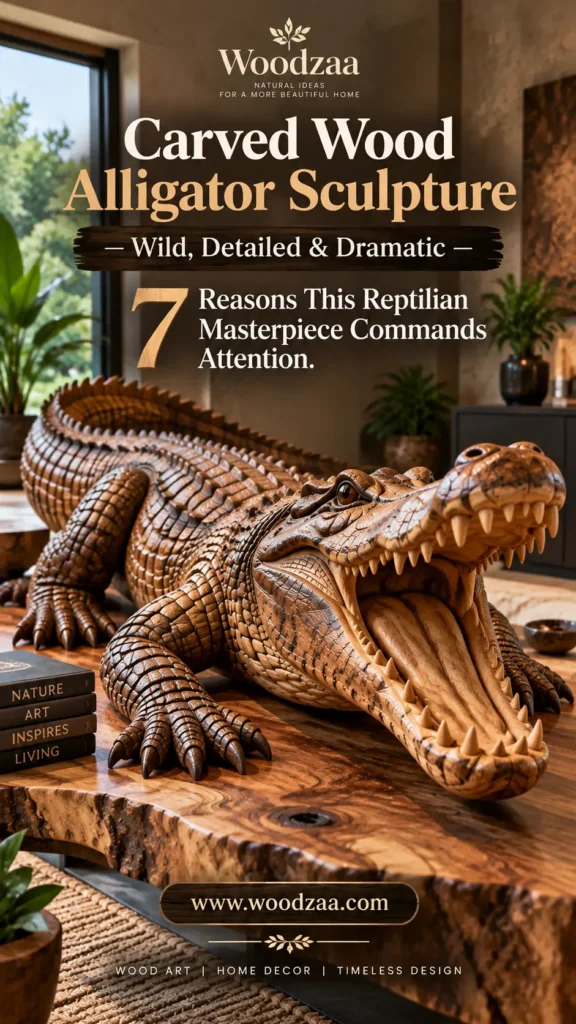 Large, intricately carved wooden alligator sculpture resting on a rustic live-edge coffee table in a modern living room. The alligator has its mouth open wide, displaying sharp carved teeth, textured scales, and detailed wood grain patterns. Next to it sits a stack of dark books reading "Nature, Art, Inspires, Living." Text overlays read "Woodzaa," "Carved Wood Alligator Sculpture — Wild, Detailed & Dramatic," and "7 Reasons This Reptilian Masterpiece Commands Attention." Website: [www.woodzaa.com](https://www.google.com/search?q=https%3A%2F%2Fwww.woodzaa.com).