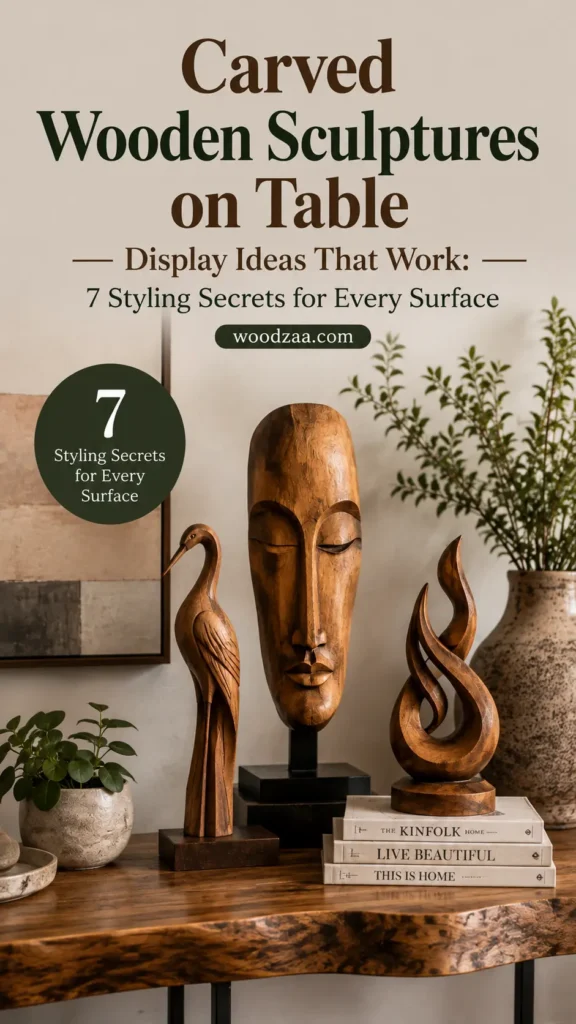 A Pinterest pin titled "Carved Wooden Sculptures on Table — Display Ideas That Work: 7 Styling Secrets for Every Surface" from woodzaa.com. The image showcases a rustic wooden table styled with three hand-carved wooden sculptures: a heron bird, an elongated mask on a stand, and an abstract flame-like shape resting on a stack of coffee table books. Potted green plants and artwork complete the warm, neutral home decor display.