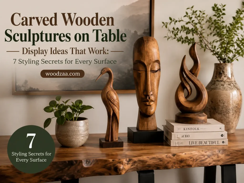 A landscape Pinterest pin titled "Carved Wooden Sculptures on Table — Display Ideas That Work: 7 Styling Secrets for Every Surface" from woodzaa.com. A live-edge console table displays three carved wooden sculptures: a standing crane bird, a serene face on a black pedestal, and a swirling flame motif atop coffee table books. Accents include a small potted plant, a ceramic vase with greenery, and framed misty mountain art.