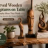 A landscape Pinterest pin titled "Carved Wooden Sculptures on Table — Display Ideas That Work: 7 Styling Secrets for Every Surface" from woodzaa.com. A live-edge console table displays three carved wooden sculptures: a standing crane bird, a serene face on a black pedestal, and a swirling flame motif atop coffee table books. Accents include a small potted plant, a ceramic vase with greenery, and framed misty mountain art.