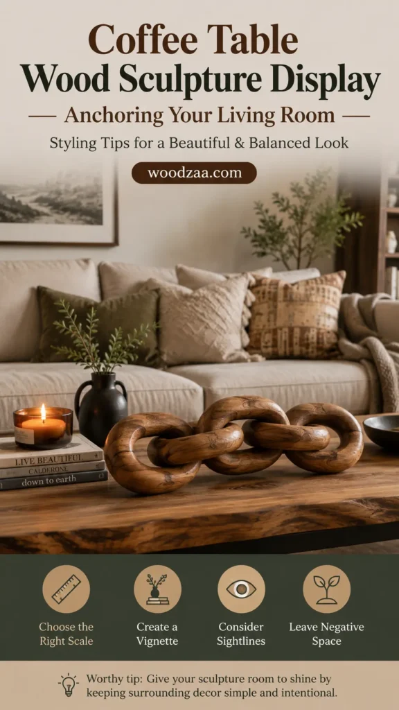 A Pinterest graphic titled "Coffee Table Wood Sculpture Display — Anchoring Your Living Room" from woodzaa.com. The image shows a cozy living room with a large carved wooden chain-link sculpture resting on a wooden coffee table. Next to it sit stacked design books, a lit scented candle, and a dark vase with green stems. A cozy beige sofa with throw pillows rests in the background. A dark green banner at the bottom outlines four tips with icons: scale, vignette, sightlines, and negative space.