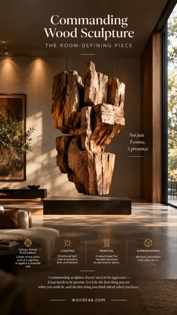 Infographic titled "Commanding Wood Sculpture: The Room-Defining Piece" by woodzaa.com. The image showcases a large, textured wooden sculpture floating over a low dark pedestal in a modern living room with warm sunlight. Text sections detail interior design tips: Focal Point Placement, Lighting, Pedestal, and Surroundings, highlighting directional light, raised bases, and minimal decor competition. A tagline reads, "Not just wood. A presence" alongside advice on placing commanding art pieces.