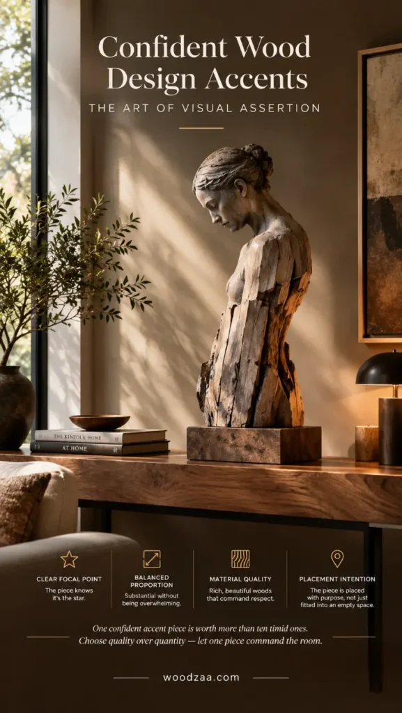 Infographic titled "Confident Wood Design Accents: The Art of Visual Assertion" by woodzaa.com. The image features a rustic wooden sculpture of a woman's bust sitting on a wooden console table near a window, illuminated by warm sunlight. Four design key points are listed below: Clear Focal Point, Balanced Proportion, Material Quality, and Placement Intention, along with a quote encouraging quality over quantity in decor.
