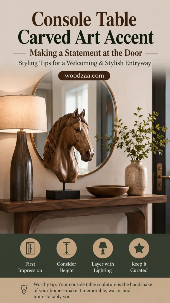 A Pinterest graphic titled "Console Table Carved Art Accent — Making a Statement at the Door" by woodzaa.com. The entryway image showcases a detailed carved wooden horse head bust on a stand atop a wooden console table. The setup is styled with a table lamp, a round wall mirror, a shallow wooden bowl, and a vase with greenery. A dark green bottom banner features four icons with tips: First Impression, Consider Height, Layer with Lighting, and Keep it Curated.