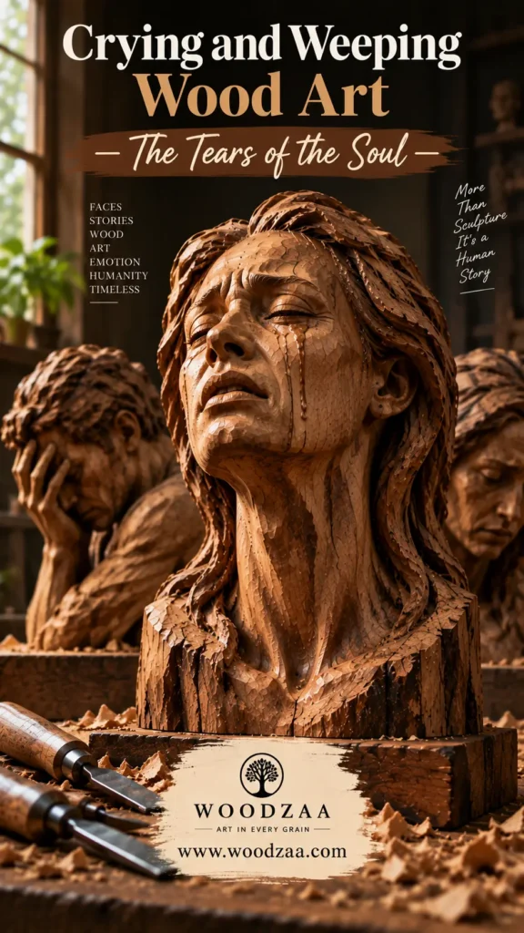 A detailed carved wooden bust of a woman crying with head tilted back, textured wood grain, and realistic tears on her face. In the background, other carved figures show sorrow—one man with head in hands and another face looking down. Wood carving chisels and shavings sit in the foreground. Bold text at the top reads "Crying and Weeping Wood Art – The Tears of the Soul –". Side text says "More Than Sculpture It’s a Human Story." Bottom features a logo for "WOODZAA ART IN EVERY GRAIN" and URL "[www.woodzaa.com](https://www.google.com/search?q=https%3A%2F%2Fwww.woodzaa.com)".
