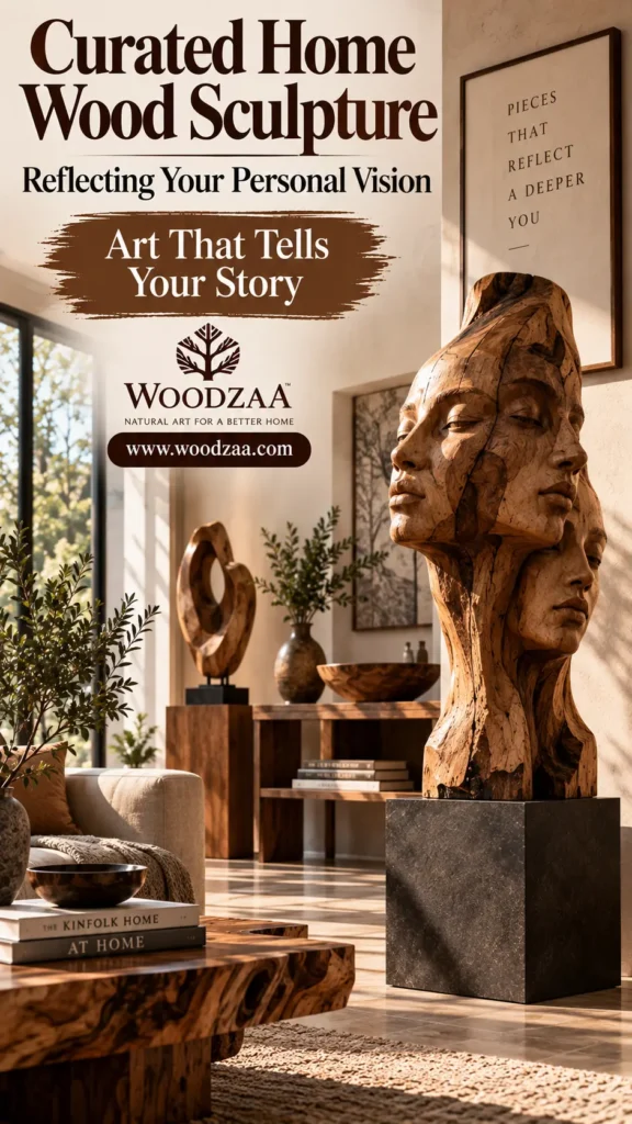 A large carved wood sculpture depicting multiple serene face profiles merged together sits on a dark pedestal in a sunlit living room. In the background, modern wooden furniture, indoor plants, and another wood sculpture are softly illuminated. Foreground includes a live-edge table with coffee table books. Text overlay reads "Curated Home Wood Sculpture - Reflecting Your Personal Vision - Art That Tells Your Story," along with the Woodzaa logo, URL, and wall text reading "PIECES THAT REFLECT A DEEPER YOU."