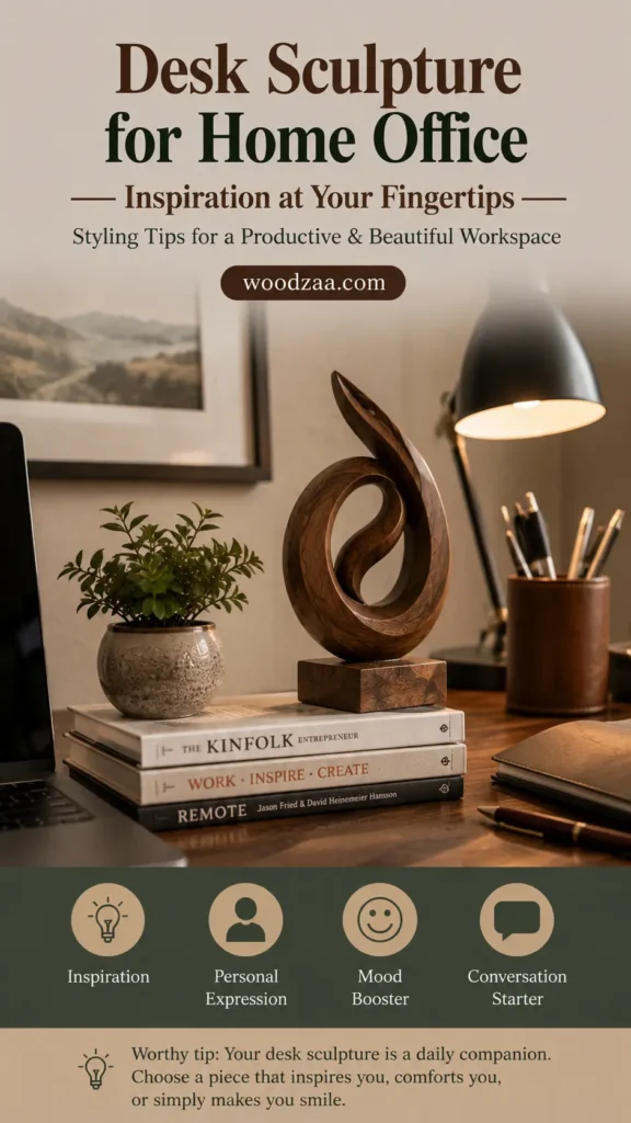 A Pinterest graphic titled "Desk Sculpture for Home Office — Inspiration at Your Fingertips" by woodzaa.com. A warm, styled desk features a swirling, abstract carved wooden sculpture mounted on a square base resting on stacked books. A potted plant, laptop, desk lamp, and leather pen holder surround the centerpiece. At the bottom, a dark green banner highlights four icons with styling tips: Inspiration, Personal Expression, Mood Booster, and Conversation Starter.