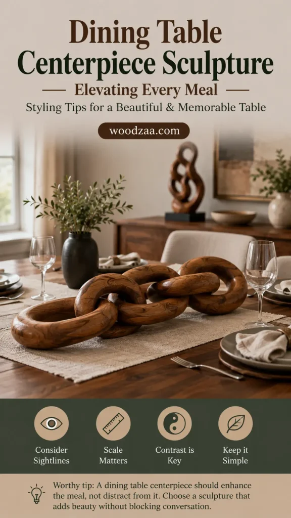 A Pinterest graphic titled "Dining Table Centerpiece Sculpture — Elevating Every Meal" by woodzaa.com. The photo features an elegantly set wooden dining table with a large carved wooden chain-link sculpture stretching across a woven table runner as a centerpiece. Wine glasses, place settings, and a dark vase with greenery frame the arrangement. A dark green banner at the bottom highlights four icons with tips: Consider Sightlines, Scale Matters, Contrast is Key, and Keep it Simple.