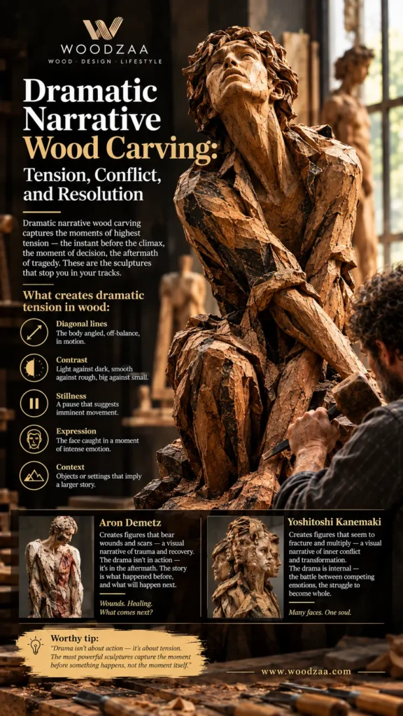 **ALT Text:** Woodzaa informational graphic titled "Dramatic Narrative Wood Carving: Tension, Conflict, and Resolution" featuring a detailed, textured wooden sculpture of a person looking upward with intense emotion as a sculptor works on it with a chisel. The image outlines elements that create dramatic tension in wood sculpture, such as diagonal lines, contrast, stillness, expression, and context. It highlights artists Aron Demetz and Yoshitoshi Kanemaki alongside photos of their expressive wooden figure sculptures.