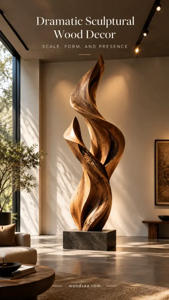 "Dramatic Sculptural Wood Decor: Scale, Form, and Presence" text is displayed at the top of an image featuring a tall, elegant, organic wood sculpture standing on a dark stone base[cite: 3]. Set in a modern, light-filled living area with large windows, the sculpture is bathed in warm natural light, highlighting its dynamic curves and natural grain[cite: 3]. It commands attention as the focal point of the space[cite: 3]. The woodzaa.com website is listed at the bottom[cite: 3].