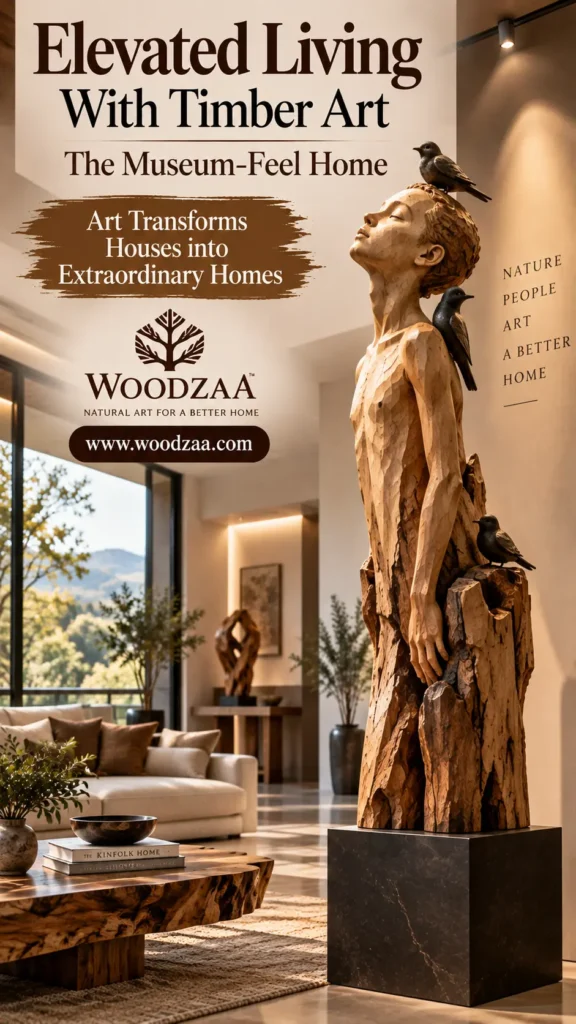 A detailed wooden sculpture of a figure looking upward with sculpted birds perched on its head, shoulder, and beside it stands on a dark pedestal in a bright living room. In the background, modern furniture, potted plants, and large windows overlook a scenic landscape. Text overlays read "Elevated Living With Timber Art - The Museum-Feel Home - Art Transforms Houses into Extraordinary Homes," featuring the Woodzaa logo, website, and wall text reading "NATURE PEOPLE ART A BETTER HOME."