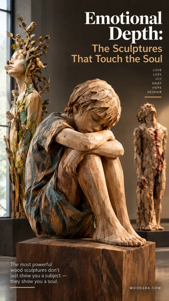 A wooden sculpture of a young boy sitting on a block with his knees pulled to his chest and head resting on his arms. In the background, a tall wooden sculpture of a woman adorned with tree branches and birds stands on the left, and another figure stands on the right. Overlay text reads "Emotional Depth: The Sculptures That Touch the Soul," listing emotions like Love, Loss, Joy, Grief, Hope, Despair, with "woodzaa.com" in the corner.
