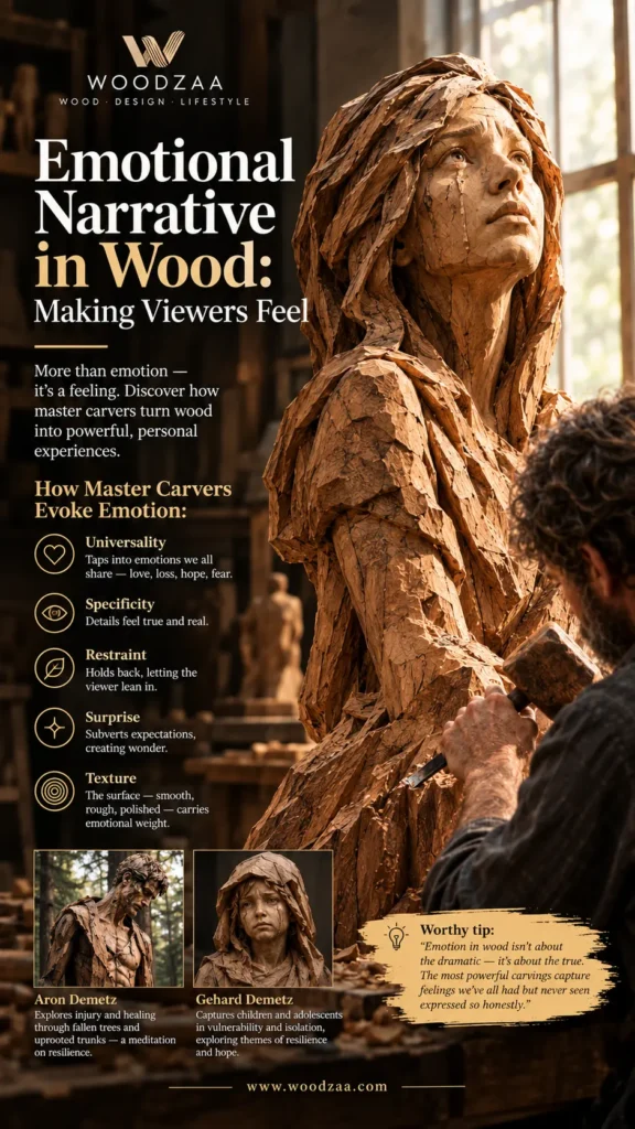 Learn about emotional narrative in wood carving with this Woodzaa guide. It explains how master carvers like Aron and Gehard Demetz evoke feelings through universality, specificity, restraint, surprise, and texture. Features stunning images of wood sculptures. A worthy tip is provided: powerful carvings capture feelings we've all had but never seen expressed so honestly. Discover the true emotion in wood art on woodzaa.com.