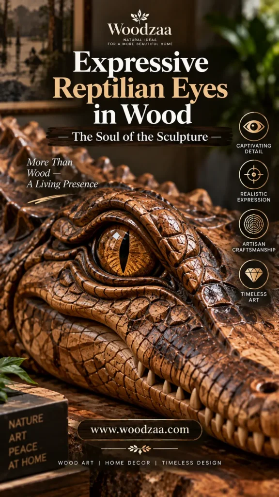 Close-up of an intricately carved wooden alligator head highlighting a glossy, detailed reptilian eye and textured wooden scales. Text overlays read "Woodzaa," "Expressive Reptilian Eyes in Wood — The Soul of the Sculpture," and "More Than Wood — A Living Presence." Icons on the right label key features: Captivating Detail, Realistic Expression, Artisan Craftsmanship, and Timeless Art. Bottom elements show books titled "Nature Art Peace At Home" and the website URL "[www.woodzaa.com](https://www.google.com/search?q=https%3A%2F%2Fwww.woodzaa.com)."