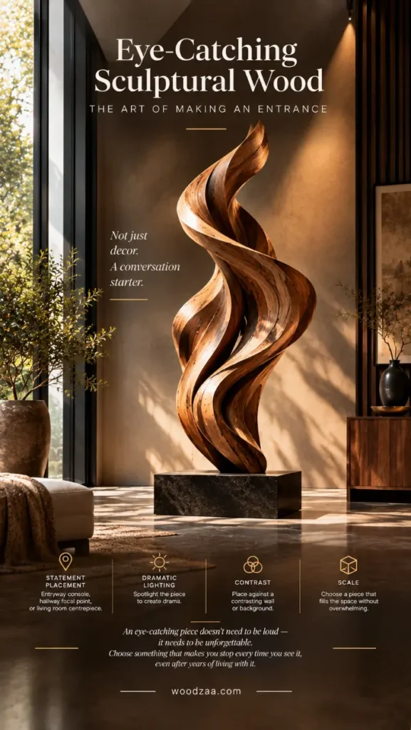 An infographic titled "Eye-Catching Sculptural Wood: The Art of Making an Entrance" features a swirling, flame-like wooden sculpture on a dark plinth. Set in a sunlit interior with floor-to-ceiling windows, four tips cover Statement Placement, Dramatic Lighting, Contrast, and Scale. Additional text reads "Not just decor. A conversation starter" alongside branding for woodzaa.com.
