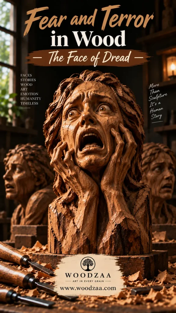 Detailed carved wooden bust capturing severe fear and terror, featuring wide eyes, an open mouth, and hands gripping the face. Other terrified wooden sculptures flank the central piece in the background, with carving tools and wood shavings scattered in the foreground. Top text reads "Fear and Terror in Wood – The Face of Dread –". Side text includes "FACES STORIES WOOD ART EMOTION HUMANITY TIMELESS" and "More Than Sculpture It’s a Human Story." Bottom displays "WOODZAA" logo and "[www.woodzaa.com](https://www.google.com/search?q=https%3A%2F%2Fwww.woodzaa.com)".