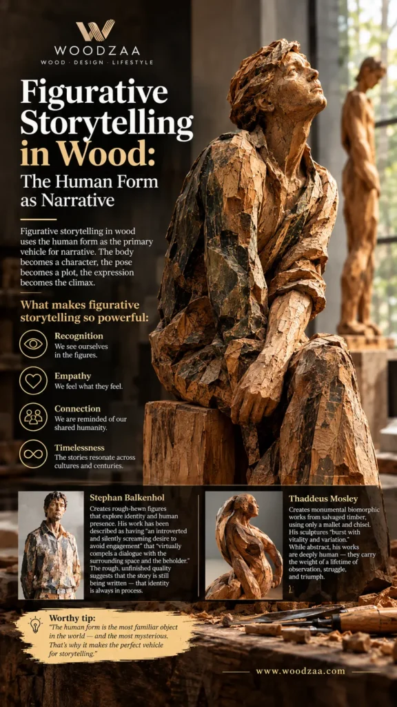 **ALT Text:** Woodzaa infographic titled "Figurative Storytelling in Wood: The Human Form as Narrative" featuring a expressive, textured wood carving of a seated figure looking upward. The graphic highlights why figurative storytelling works: Recognition, Empathy, Connection, and Timelessness. Below, featured artists Stephan Balkenhol and Thaddeus Mosley are highlighted with images of their sculptures. A tip at the bottom reads: "The human form is the most familiar object in the world—and the most mysterious".