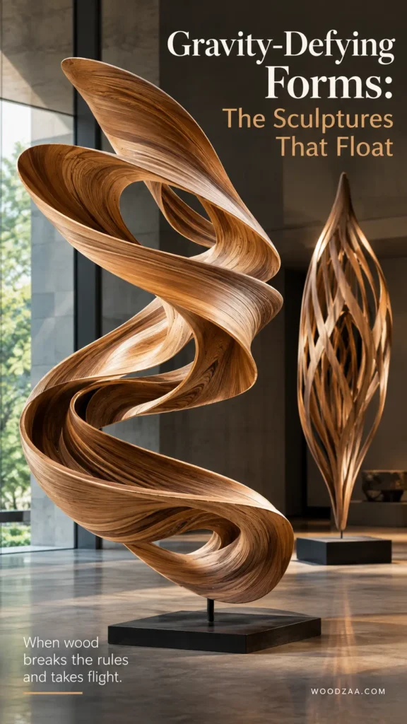 A modern wooden sculpture with dynamic, twisting ribbon-like curves mounting on a dark base inside a gallery space. In the background stands another slender, teardrop-shaped lattice wood sculpture mounted on a pedestal. Text at the top right reads "Gravity-Defying Forms: The Sculptures That Float," with lower text stating "When wood breaks the rules and takes flight" and "WOODZAA.COM" displayed in the bottom right corner.