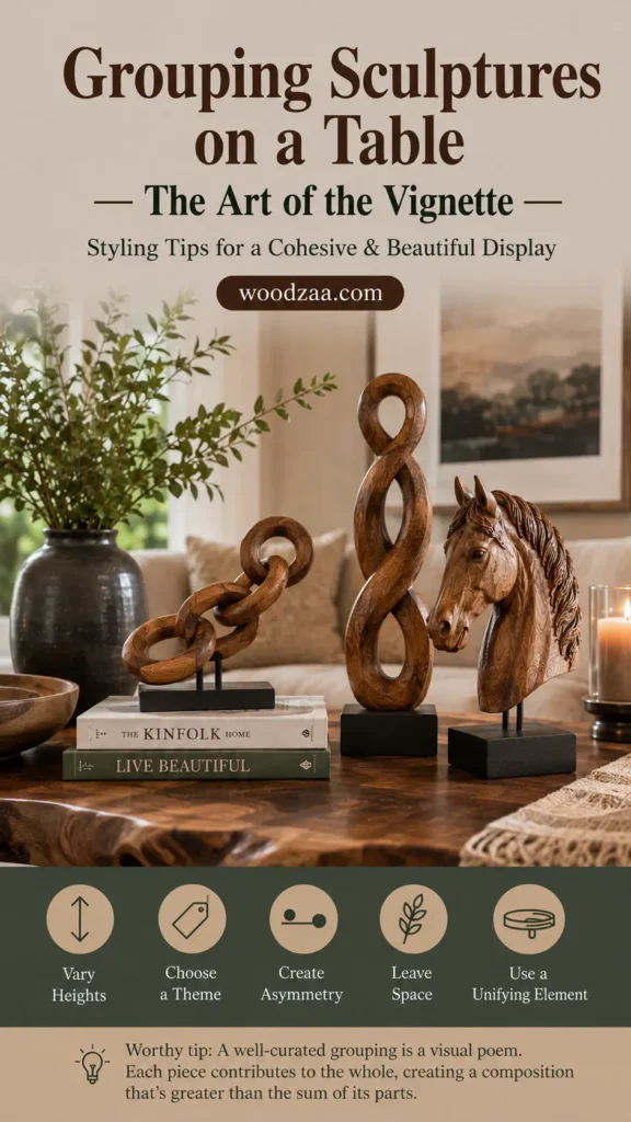 A Pinterest graphic titled "Grouping Sculptures on a Table — The Art of the Vignette" by woodzaa.com. The photo shows a wooden table styled with three carved wooden sculptures on black pedestals: a chain link resting on books, a tall figure-eight twist, and a horse head bust. A large dark vase with greenery stands in the background. A dark green bottom banner features five icons with tips: Vary Heights, Choose a Theme, Create Asymmetry, Leave Space, and Use a Unifying Element.