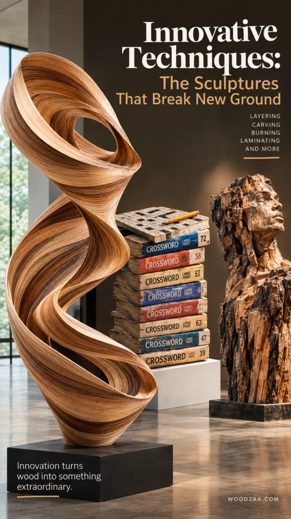 An abstract wooden sculpture with sweeping, ribbon-like organic curves stands in the foreground on a dark base. In the center background is a stack of crossword puzzle books topped with a completed puzzle grid and pencil, flanked on the right by a carved wooden bust of a person looking upward. Header text reads "Innovative Techniques: The Sculptures That Break New Ground," listing methods like Layering, Carving, Burning, and Laminating, with "WOODZAA.COM" at the bottom right.