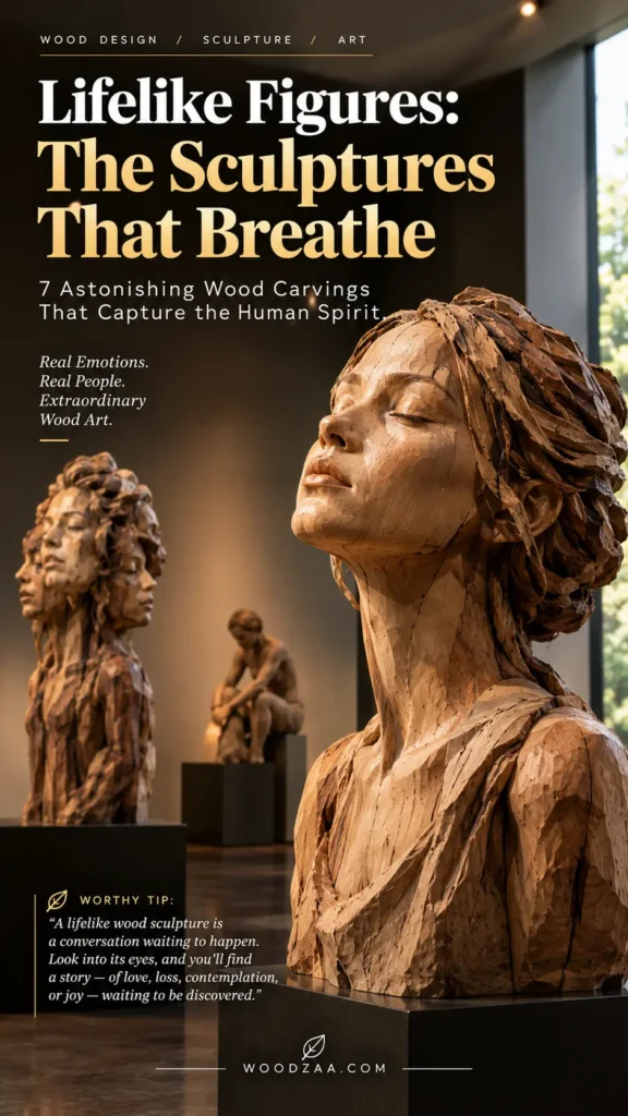 A detailed wooden bust sculpture of a woman with eyes closed and head tilted back stands prominently in the foreground. Behind her are two additional sculptures: a figure with multiple faces merged together and a seated figure in contemplation. Bold header text at the top reads "Lifelike Figures: The Sculptures That Breathe," subheaded "7 Astonishing Wood Carvings That Capture the Human Spirit," with a leaf logo and "WOODZAA.COM" at the bottom center.