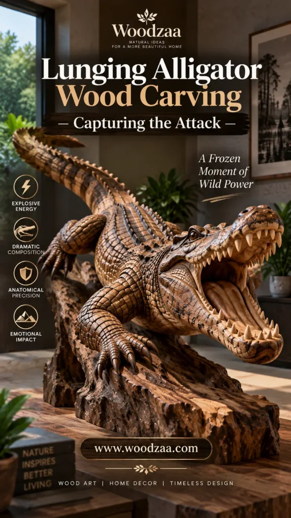 Carved wooden alligator sculpture positioned in a dynamic lunging pose atop a rustic wooden base in a modern living room. The alligator has its mouth open wide with visible teeth, sharp claws, and textured scales. Text overlays read "Woodzaa," "Lunging Alligator Wood Carving — Capturing the Attack," and "A Frozen Moment of Wild Power." Feature icons on the left highlight: Explosive Energy, Dramatic Composition, Anatomical Precision, and Emotional Impact. Includes website URL "[www.woodzaa.com](https://www.google.com/search?q=https%3A%2F%2Fwww.woodzaa.com)."