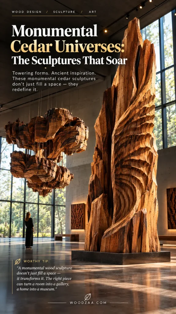 A massive carved cedar wood sculpture rises toward the ceiling of a modern gallery space, featuring deep vertical grooves and organic textures. To the left, a large cloud-like installation made of layered wooden pieces hangs suspended in mid-air above a person standing in awe. Bold text in the upper left corner reads "Monumental Cedar Universes: The Sculptures That Soar," accompanied by additional descriptive text and a link to "WOODZAA.COM" at the bottom.
