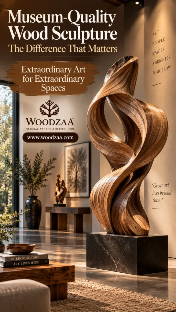 A large, flowing abstract wood sculpture on a dark marble pedestal stands in a stylish interior. Foreground details show a live-edge table with coffee table books titled "THE KINFOLK HOME" and "ART LIVES HERE." In the background, a warm corridor displays framed art, potted plants, and smaller wooden decor. Text overlays read "Museum-Quality Wood Sculpture: The Difference That Matters - Extraordinary Art for Extraordinary Spaces," with the Woodzaa logo, URL, and a wall quote, "Great art lives beyond time."