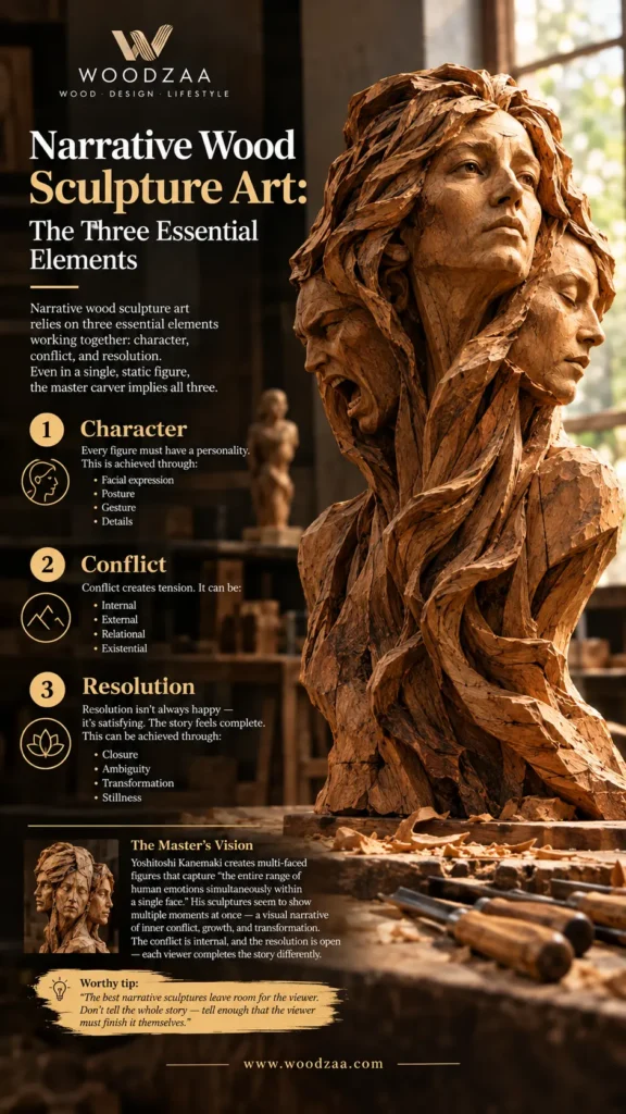 An infographic from Woodzaa titled 'Narrative Wood Sculpture Art: The Three Essential Elements,' featuring a stunning multi-faced wooden sculpture. The graphic defines the core elements as character, conflict, and resolution, explaining how they work together to create depth. It highlights the work of Yoshitoshi Kanemaki and includes a 'Worthy tip' for aspiring carvers. Perfect for artists and art enthusiasts. [www.woodzaa.com](https://www.google.com/search?q=https%3A%2F%2Fwww.woodzaa.com).