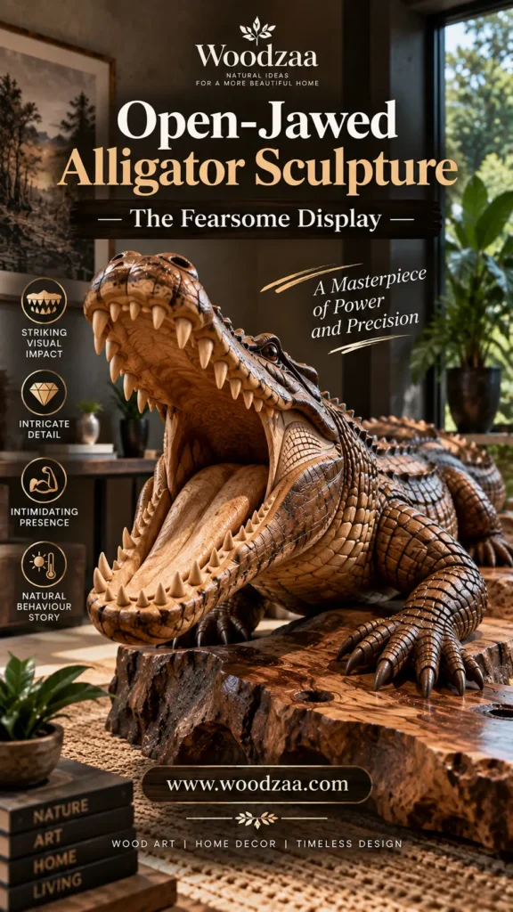 Low-angle view of a carved wooden alligator sculpture with its mouth wide open, highlighting realistic teeth, a sculpted tongue, and intricate scales. It rests on a live-edge wooden surface in a well-lit living room. Overlay text reads "Woodzaa," "Open-Jawed Alligator Sculpture — The Fearsome Display," and "A Masterpiece of Power and Precision." Four icons on the left list features: Striking Visual Impact, Intricate Detail, Intimidating Presence, and Natural Behaviour Story. Web: [www.woodzaa.com](https://www.google.com/search?q=https%3A%2F%2Fwww.woodzaa.com).