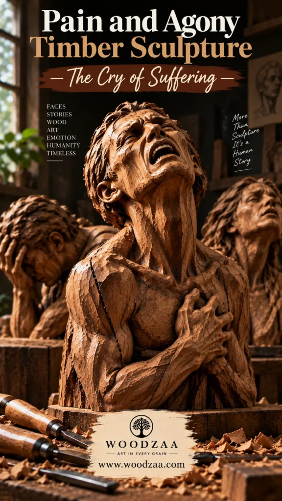 Detailed carved wooden bust of a man grimacing in agony with head thrown back, open mouth, and hand clutching his chest. Other anguished sculptures surround him in the background, with wood chisels and chips set in the foreground. Top text reads "Pain and Agony Timber Sculpture – The Cry of Suffering –". Side text includes "FACES STORIES WOOD ART EMOTION HUMANITY TIMELESS" and "More Than Sculpture It’s a Human Story." Bottom displays logo for "WOODZAA ART IN EVERY GRAIN" and "[www.woodzaa.com](https://www.google.com/search?q=https%3A%2F%2Fwww.woodzaa.com)".