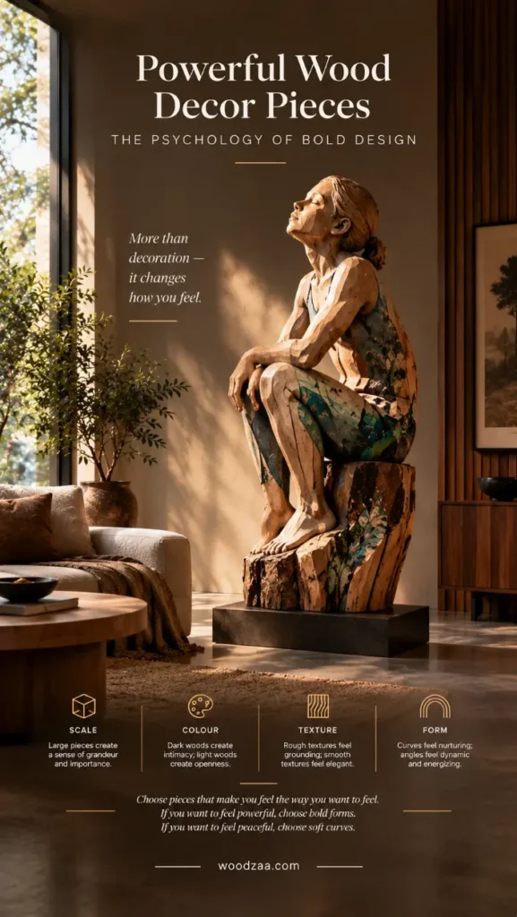 An infographic titled "Powerful Wood Decor Pieces: The Psychology of Bold Design" by woodzaa.com. The image displays a large carved wooden sculpture of a seated woman looking upward, set on a low dark base in a warmly lit, modern living room. Text sections cover design principles including Scale, Colour, Texture, and Form, explaining how elements like curves and rough textures influence emotion. A quote highlights selecting decor based on desired mood.