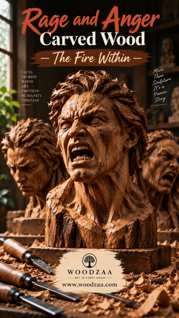 Detailed carved wooden bust of a man shouting in intense anger, showing defined wood grain, furrowed brows, and teeth. Background features other angry carved faces, and foreground shows wood chisels with wood shavings. Top text reads "Rage and Anger Carved Wood – The Fire Within –". Side text includes "FACES STORIES WOOD ART EMOTION HUMANITY TIMELESS" and "More Than Sculpture It’s a Human Story." Bottom displays logo for "WOODZAA ART IN EVERY GRAIN" and website "[www.woodzaa.com](https://www.google.com/search?q=https%3A%2F%2Fwww.woodzaa.com)".