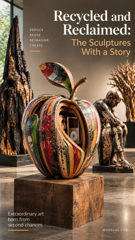 A colourful apple-shaped sculpture crafted from recycled skateboards sits on a wooden pedestal, revealing a retro iPod tucked inside its hollow center. In the background, a seated human figure made of reclaimed wood and a charred tree sculpture stand inside a gallery. Text at the top right reads "Recycled and Reclaimed: The Sculptures With a Story," with lower text stating "Extraordinary art born from second chances" and "WOODZAA.COM" at the bottom right.