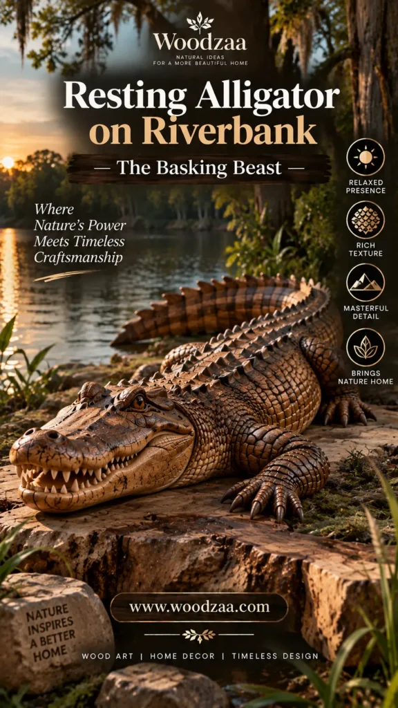 A realistic carved wooden alligator sculpture lying on a stony riverbank at sunset with water and trees in the background. Text overlays read "Woodzaa," "Resting Alligator on Riverbank — The Basking Beast," and "Where Nature’s Power Meets Timeless Craftsmanship." Feature icons on the right highlight: Relaxed Presence, Rich Texture, Masterful Detail, and Brings Nature Home. Includes website URL "[www.woodzaa.com](https://www.google.com/search?q=https%3A%2F%2Fwww.woodzaa.com)" and slogan "Wood Art | Home Decor | Timeless Design."