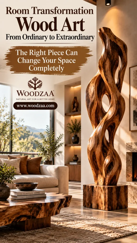 A tall, organic twisted wood sculpture on a matching square block pedestal stands in a sunlit modern living room next to a fireplace. Foreground shows a live-edge coffee table with stacked books titled "THE KINFOLK HOME," while a sofa with earth-toned pillows sits near large windows overlooking lush greenery. Overlay text reads "Room Transformation Wood Art: From Ordinary to Extraordinary - The Right Piece Can Change Your Space Completely," featuring the Woodzaa logo and website URL.