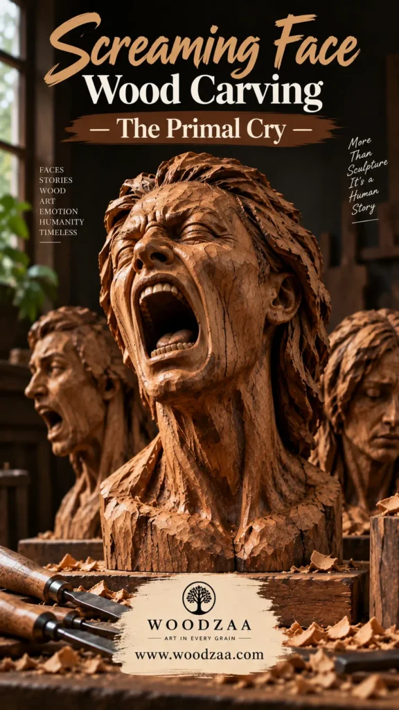 Detailed carved wooden bust of a figure screaming with an open mouth, head tilted back, showing textured wood grain and neck strain. Other carved busts frame the background, with woodworking chisels and wood chips in the foreground. Top text reads "Screaming Face Wood Carving – The Primal Cry –". Side text includes "FACES STORIES WOOD ART EMOTION HUMANITY TIMELESS" and "More Than Sculpture It’s a Human Story." Bottom displays logo "WOODZAA ART IN EVERY GRAIN" and "[www.woodzaa.com](https://www.google.com/search?q=https%3A%2F%2Fwww.woodzaa.com)".
