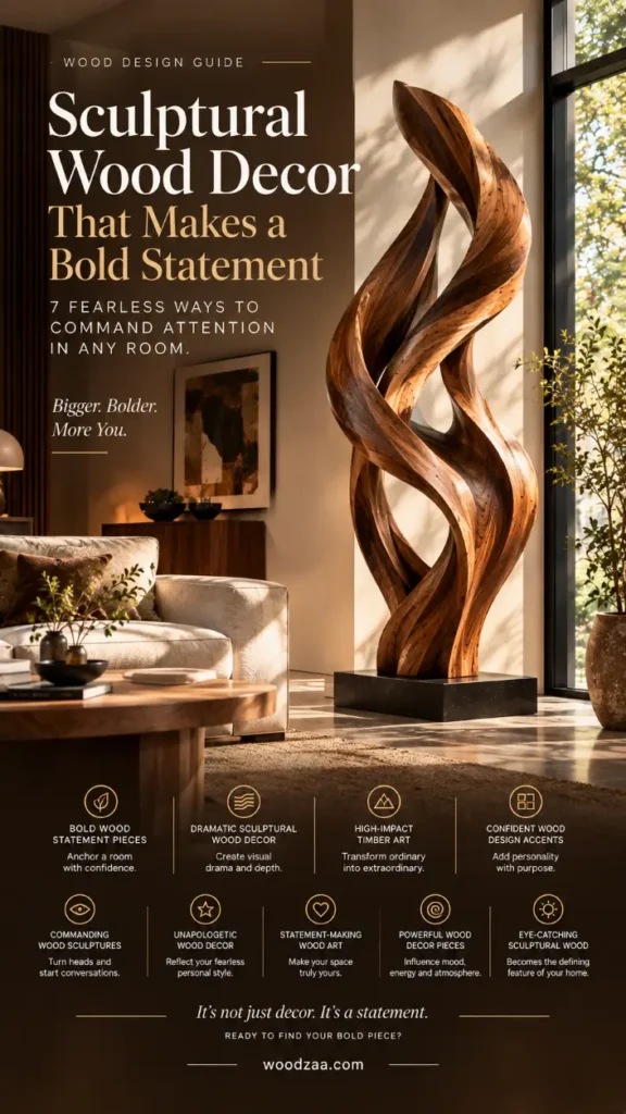 An infographic titled "Sculptural Wood Decor That Makes a Bold Statement: 7 Fearless Ways to Command Attention in Any Room". The image showcases a tall, twisting wooden sculpture on a dark pedestal inside a brightly lit living room next to large windows. Icons along the bottom outline styling tips like Bold Wood Statement Pieces, Dramatic Sculptural Wood Decor, and High-Impact Timber Art. Text reads "It’s not just decor. It’s a statement" with branding for woodzaa.com.