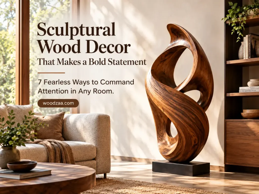 A horizontal graphic titled "Sculptural Wood Decor That Makes a Bold Statement: 7 Fearless Ways to Command Attention in Any Room". The image features a large, flowing, abstract wooden loop sculpture displayed on a black plinth inside a sunlit living room. Warm natural light filters in across a beige sofa, round coffee table, and wooden bookshelf. A button highlights the website woodzaa.com.