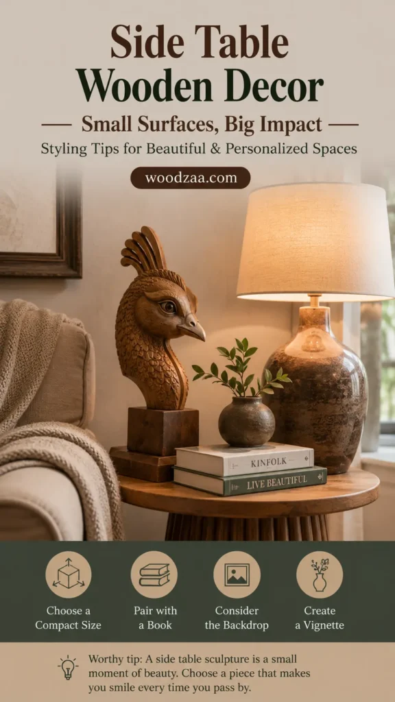 A Pinterest graphic titled "Side Table Wooden Decor — Small Surfaces, Big Impact" by woodzaa.com. The photo features a round wooden side table next to an armchair, styled with a detailed carved wooden peacock head bust on a pedestal. Accompanying decor includes a glowing table lamp, stacked design books, and a small vase with green sprigs. A dark green bottom banner features four icons with tips: Choose a Compact Size, Pair with a Book, Consider the Backdrop, and Create a Vignette.