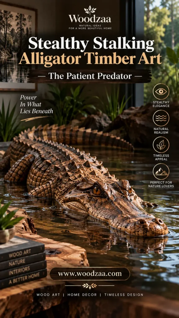 Intricately carved wooden alligator sculpture depicted partially submerged in calm water, highlighting textured scales and detailed eyes. Text overlays read "Woodzaa," "Stealthy Stalking Alligator Timber Art — The Patient Predator," and "Power In What Lies Beneath." Icons on the right label: Stealthy Elegance, Natural Realism, Timeless Appeal, and Perfect for Nature Lovers. Bottom features a stack of books titled "Wood Art," "Nature," "Interiors," and "A Better Home," with URL [www.woodzaa.com](https://www.google.com/search?q=https%3A%2F%2Fwww.woodzaa.com).