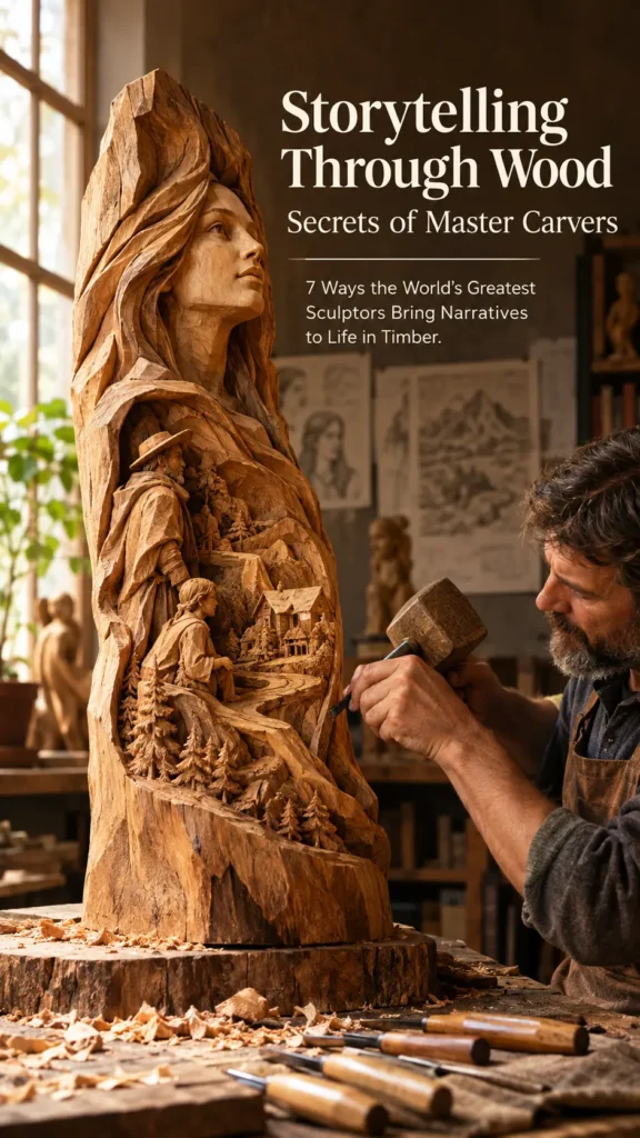 **ALT Text:** Pinterest graphic titled "Storytelling Through Wood: Secrets of Master Carvers" featuring the text "7 Ways the World’s Greatest Sculptors Bring Narratives to Life in Timber". The image shows a male craftsman using a mallet and chisel to carve a large, intricate wooden trunk. The sculpture features a woman looking upward at the top, with a detailed landscape scene carved into her dress, including figures, trees, and a small cabin. Carving tools sit on the workbench.