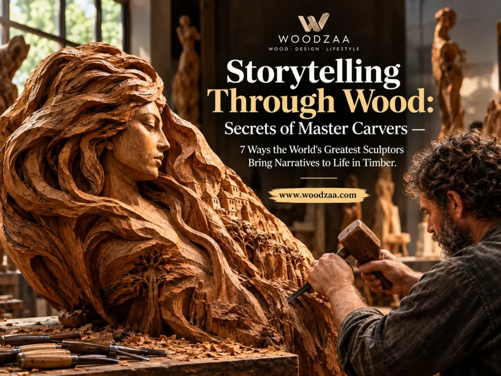 **ALT Text:** Woodzaa graphic titled "Storytelling Through Wood: Secrets of Master Carvers — 7 Ways the World's Greatest Sculptors Bring Narratives to Life in Timber". A sculptor works with a mallet and chisel on a detailed wooden carving in his workshop. The sculpture shows a woman with flowing hair that blends into a carved landscape of buildings and trees. Includes the website [www.woodzaa.com](https://www.google.com/search?q=https%3A%2F%2Fwww.woodzaa.com).