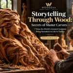 **ALT Text:** Woodzaa graphic titled "Storytelling Through Wood: Secrets of Master Carvers — 7 Ways the World's Greatest Sculptors Bring Narratives to Life in Timber". A sculptor works with a mallet and chisel on a detailed wooden carving in his workshop. The sculpture shows a woman with flowing hair that blends into a carved landscape of buildings and trees. Includes the website [www.woodzaa.com](https://www.google.com/search?q=https%3A%2F%2Fwww.woodzaa.com).