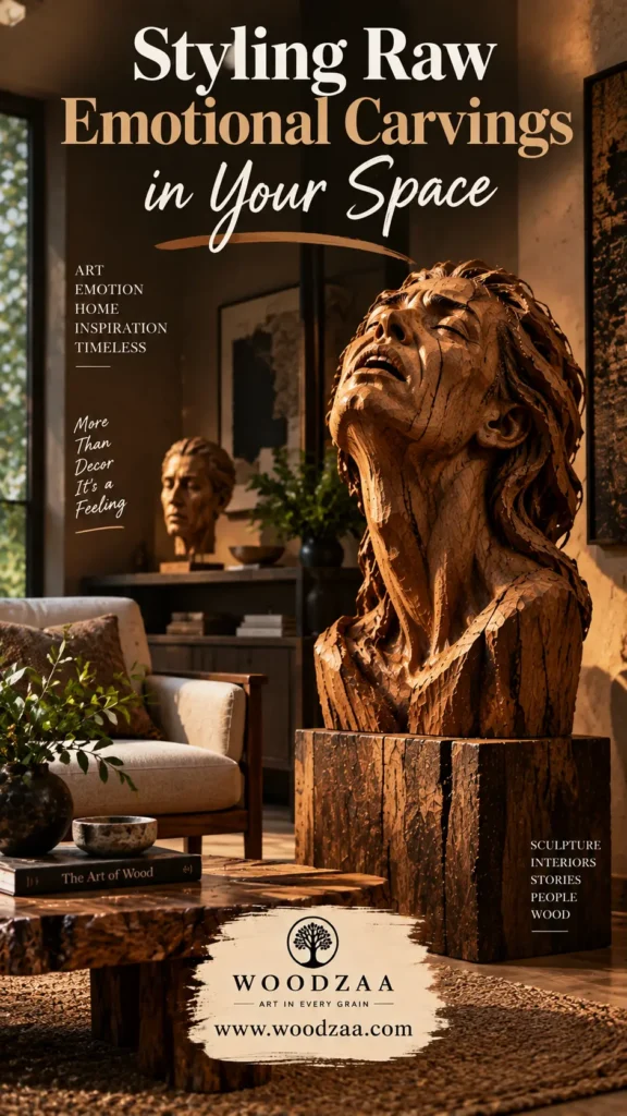 Detailed carved wooden bust of a woman crying with her head tilted back, displayed on a wooden pedestal inside a warm, modern living room. A cozy armchair, coffee table with a book titled "The Art of Wood," and plant decor frame the background. Top text reads "Styling Raw Emotional Carvings in Your Space". Side text includes "More Than Decor It’s a Feeling" and interior keywords. Bottom displays logo for "WOODZAA ART IN EVERY GRAIN" and website "[www.woodzaa.com](https://www.google.com/search?q=https%3A%2F%2Fwww.woodzaa.com)".