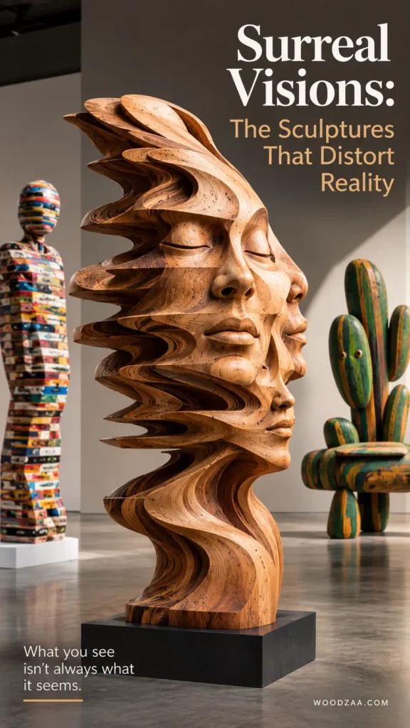 A surreal wooden sculpture depicting overlapping, distorted human faces with closed eyes, layered in fluid wave-like forms, stands on a pedestal. In the background, a colorful full-figure sculpture made from recycled skateboard decks stands on the left, and a green-striped cactus-shaped sculpture rests on the right. Header text reads "Surreal Visions: The Sculptures That Distort Reality," with "What you see isn't always what it seems" at the bottom left and "WOODZAA.COM" on the bottom right.
