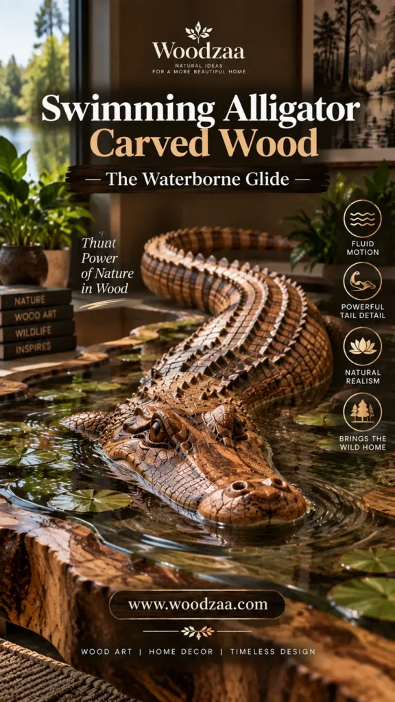 Carved wooden alligator sculpture glides through water filled with lily pads, embedded in a live-edge wooden table inside a living room. Text overlays read "Woodzaa," "Swimming Alligator Carved Wood — The Waterborne Glide," and "The Power of Nature in Wood." Icons on the right detail features: Fluid Motion, Powerful Tail Detail, Natural Realism, and Brings the Wild Home. A stack of books on the left reads "Nature," "Wood Art," "Wildlife," and "Inspires." URL: [www.woodzaa.com](https://www.google.com/search?q=https%3A%2F%2Fwww.woodzaa.com).