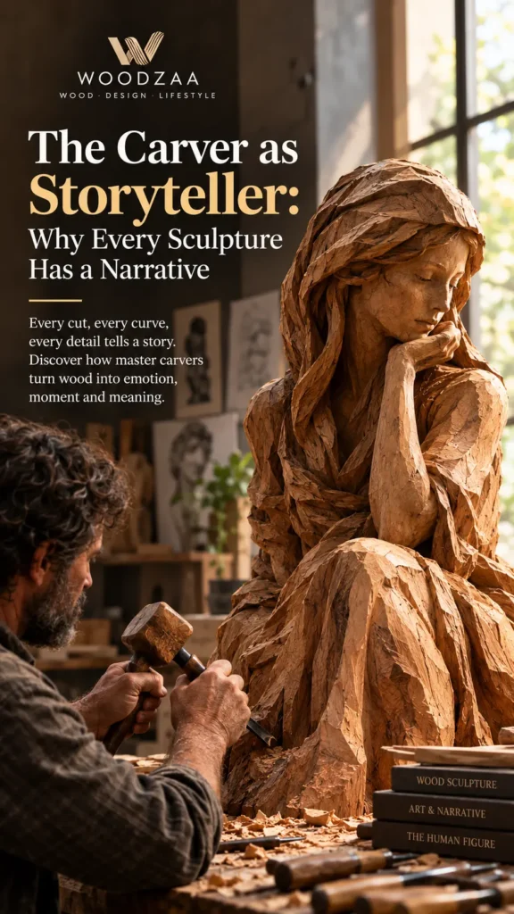 **ALT Text:** Woodzaa Pinterest graphic titled "The Carver as Storyteller: Why Every Sculpture Has a Narrative". Text describes how every cut and curve in wood turns emotion and moment into meaning. The image shows a craftsman using a mallet and chisel to carve a large, detailed wooden sculpture of a contemplative woman resting her chin on her hand. A stack of art books and woodcarving tools sit on the workbench nearby.