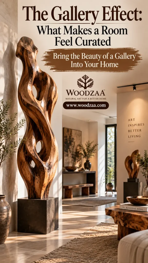 A modern home interior featuring a large, abstract natural wooden sculpture on a dark pedestal in the foreground, illuminated by sunlight. Overlay text at the top reads "The Gallery Effect: What Makes a Room Feel Curated - Bring the Beauty of a Gallery Into Your Home." The background shows a minimalist, warmly lit hallway with stylish wooden furniture, potted plants, and additional sculptures. A logo reads "Woodzaa - Natural Art for a Better Home" with the text "Art Inspires Better Living" on the wall.